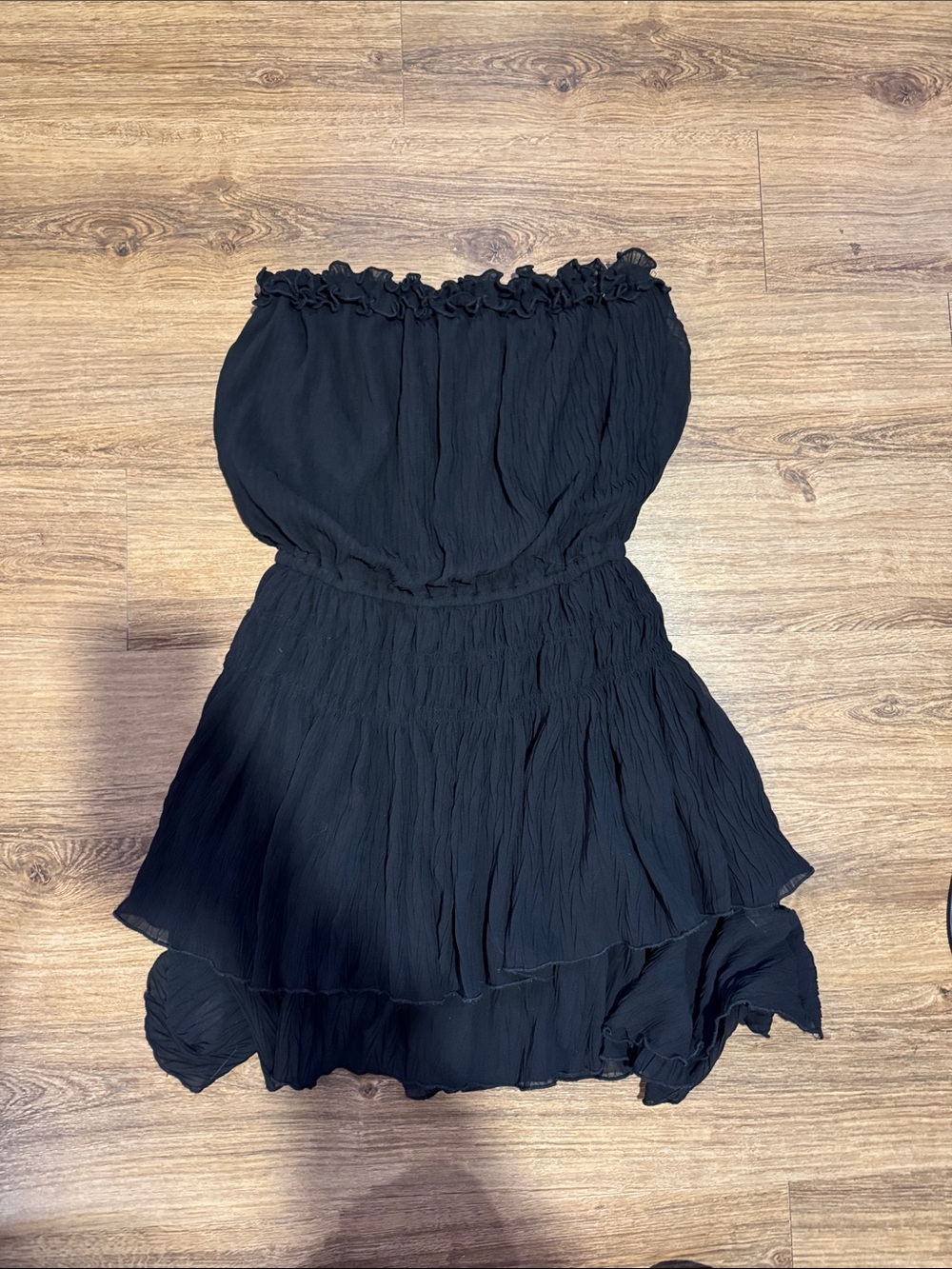 glam Black Strapless Smocked Ruffle Mini